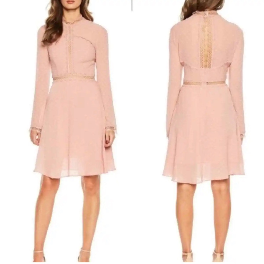 BARDOT Cherie Latte Pink Lace long Sleeve MIDI Dress
